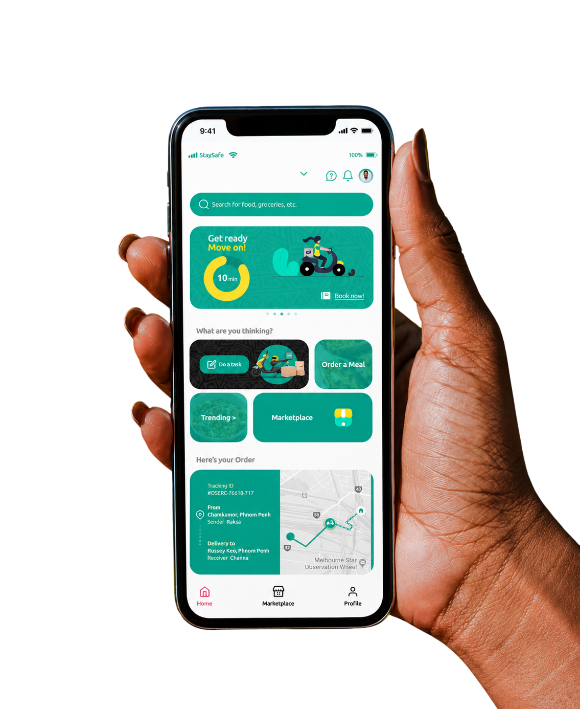 Ntumai app shown on a phone held in hand